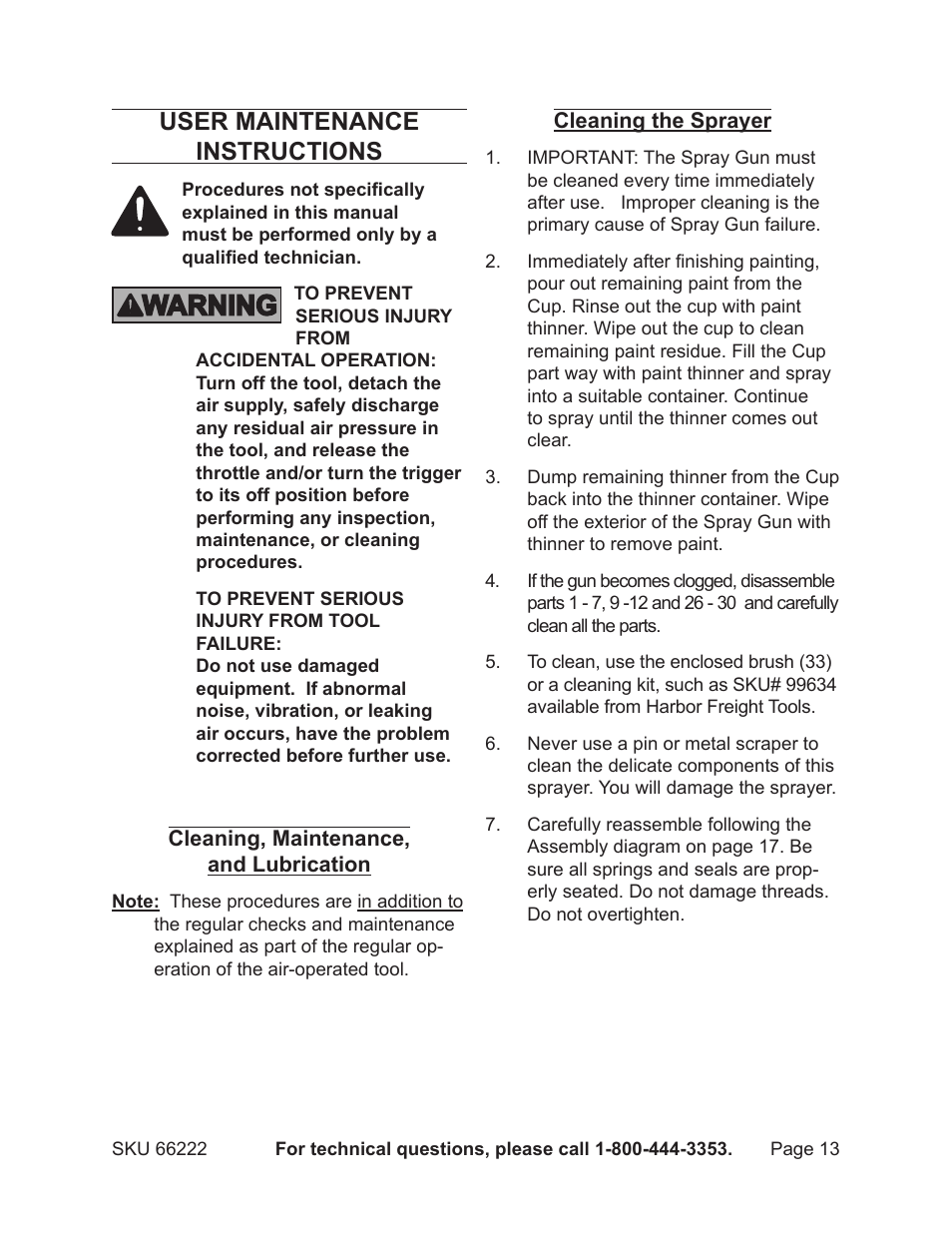 User maintenance instructions | Harbor Freight Tools 66222 User Manual | Page 13 / 18