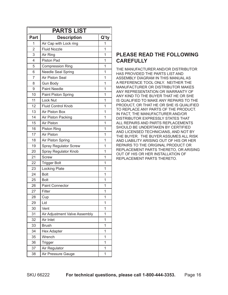 Parts list, Please read the following carefully | Harbor Freight Tools 66222 User Manual | Page 16 / 18