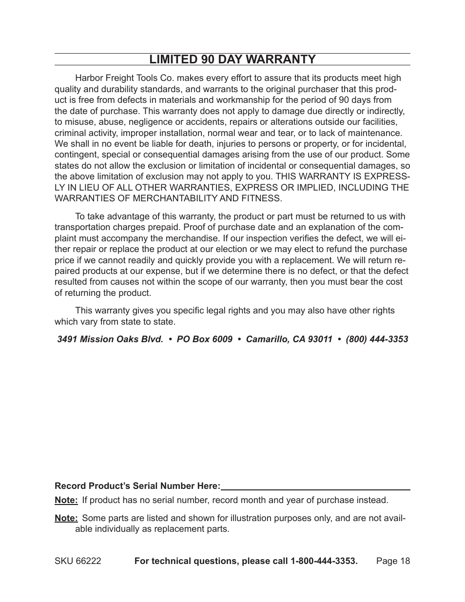 Limited 90 day warranty | Harbor Freight Tools 66222 User Manual | Page 18 / 18
