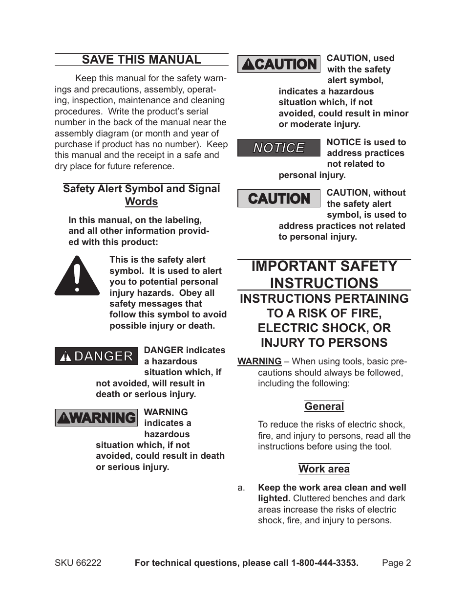 Important safety instructions, Save this manual | Harbor Freight Tools 66222 User Manual | Page 2 / 18