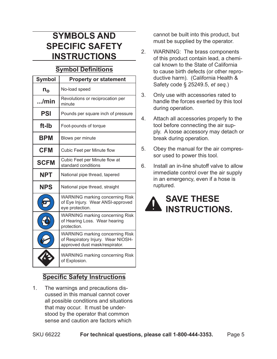 Symbols and specific safety instructions, Save these instructions | Harbor Freight Tools 66222 User Manual | Page 5 / 18