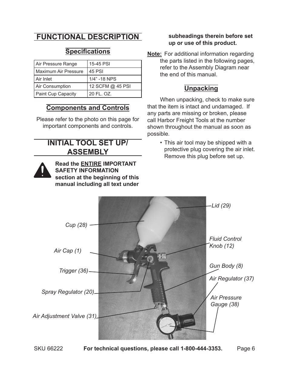 Functional description, Initial tool set up/ assembly | Harbor Freight Tools 66222 User Manual | Page 6 / 18