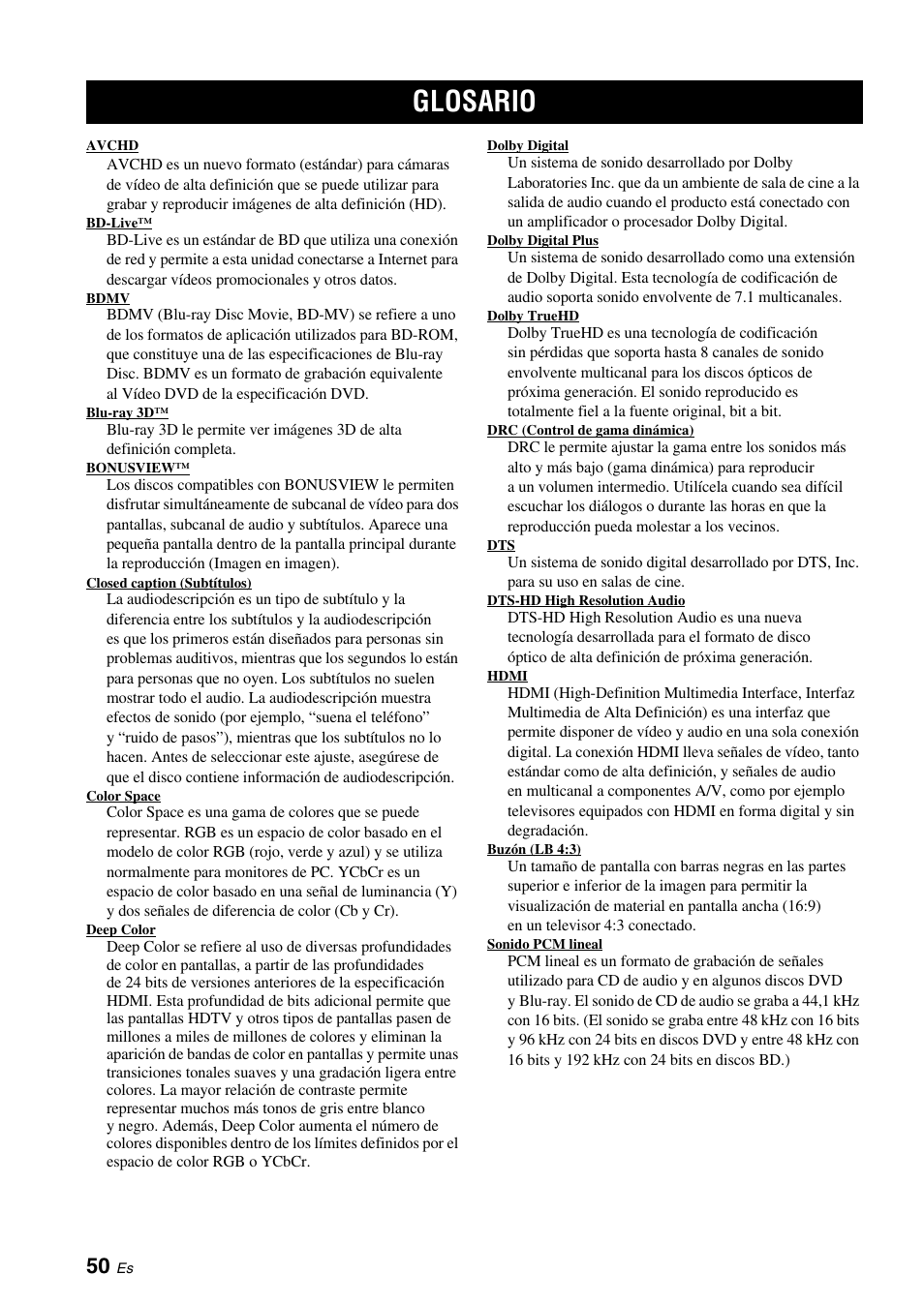 Glosario, Ew (pág. 50), Bd-live (pág. 50) (bd-rom | Pág. 50), Pág. 50) d, R (pág. 50) | Yamaha BRX-610 User Manual | Page 105 / 225