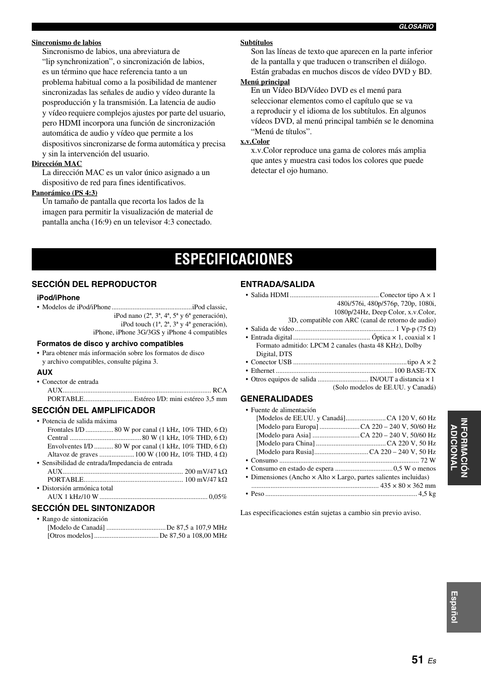Especificaciones, S (pág. 51), Pág. 51 | Yamaha BRX-610 User Manual | Page 106 / 225
