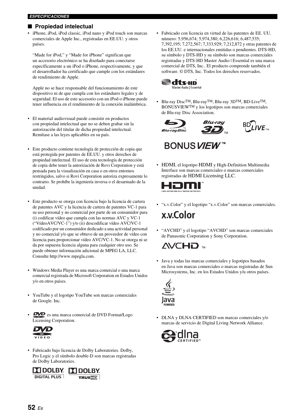 Logotipo hdmi (pág. 52), Propiedad intelectual | Yamaha BRX-610 User Manual | Page 107 / 225