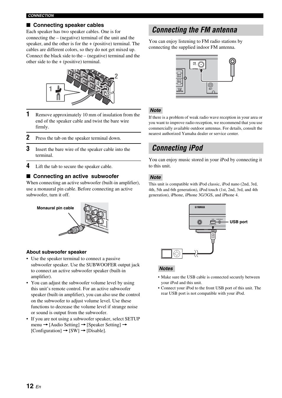 Connecting the fm antenna, Connecting ipod, Connecting the fm antenna connecting ipod | Rt (p. 12, Level (p. 12), P. 12), P. 12, 13) | Yamaha BRX-610 User Manual | Page 14 / 225