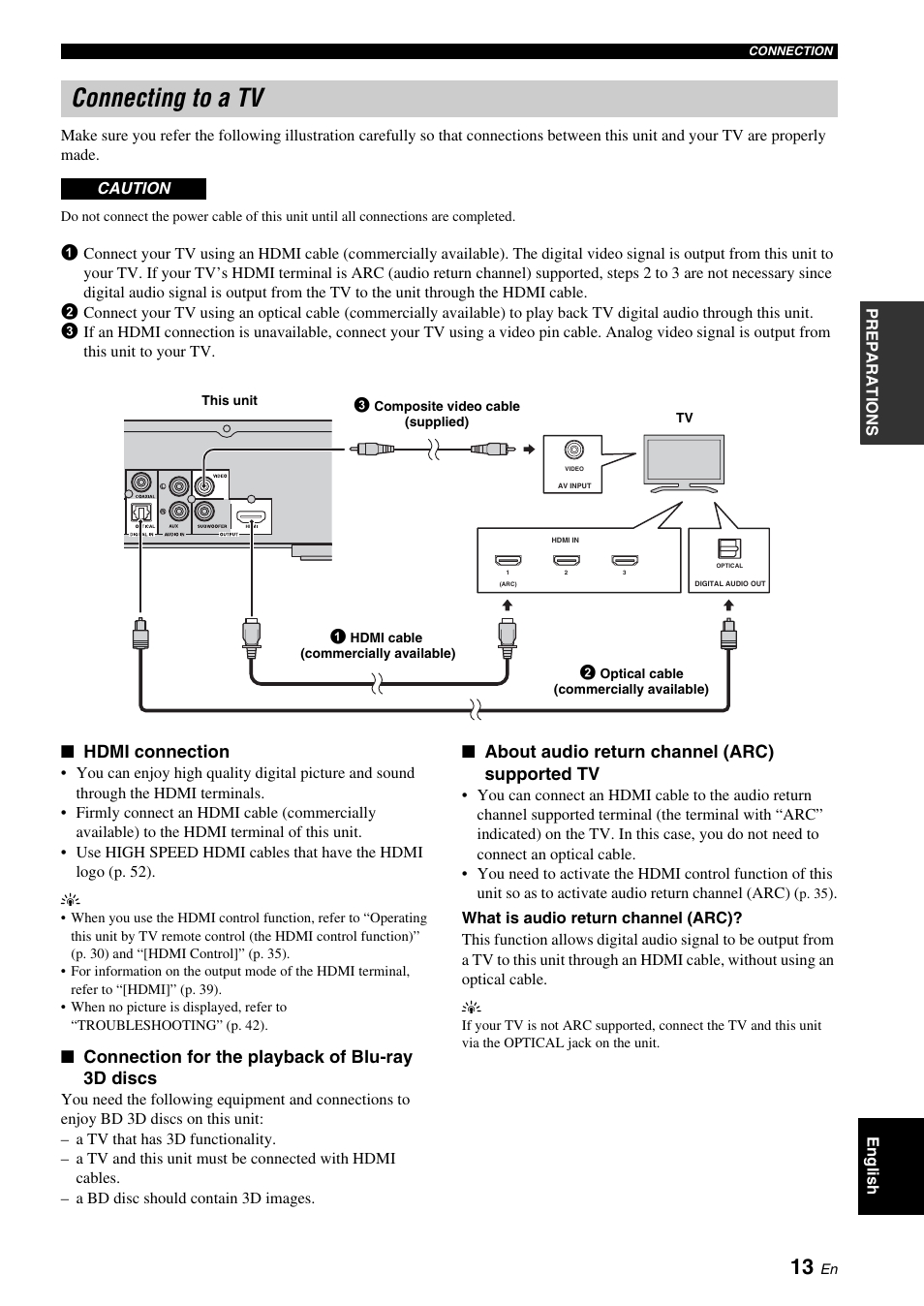 Connecting to a tv, P. 1, Hdmi connection | Connection for the playback of blu-ray 3d discs, About audio return channel (arc) supported tv | Yamaha BRX-610 User Manual | Page 15 / 225