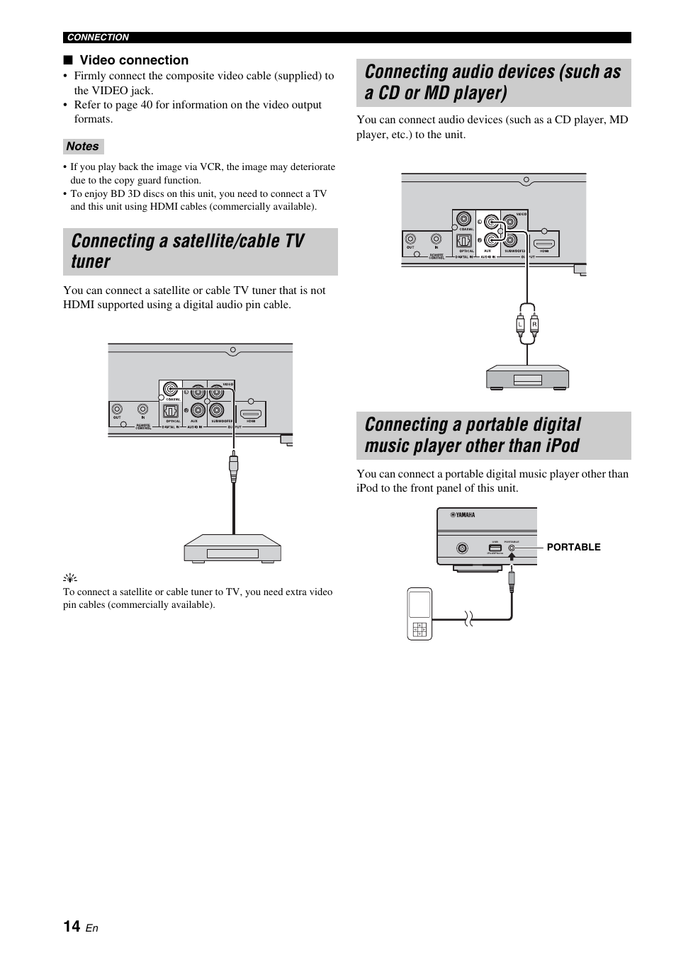 Connecting a satellite/cable tv tuner, Player), Connecting a portable digital music player | Other than ipod, Portable (p. 14), P. 14) | Yamaha BRX-610 User Manual | Page 16 / 225