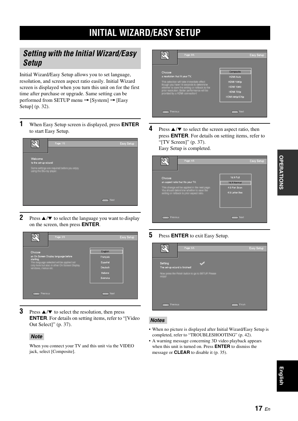 Operations, Initial wizard/easy setup, Setting with the initial wizard/easy setup | P. 17 | Yamaha BRX-610 User Manual | Page 19 / 225