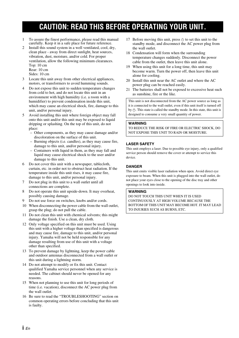 Caution: read this before operating your unit | Yamaha BRX-610 User Manual | Page 2 / 225