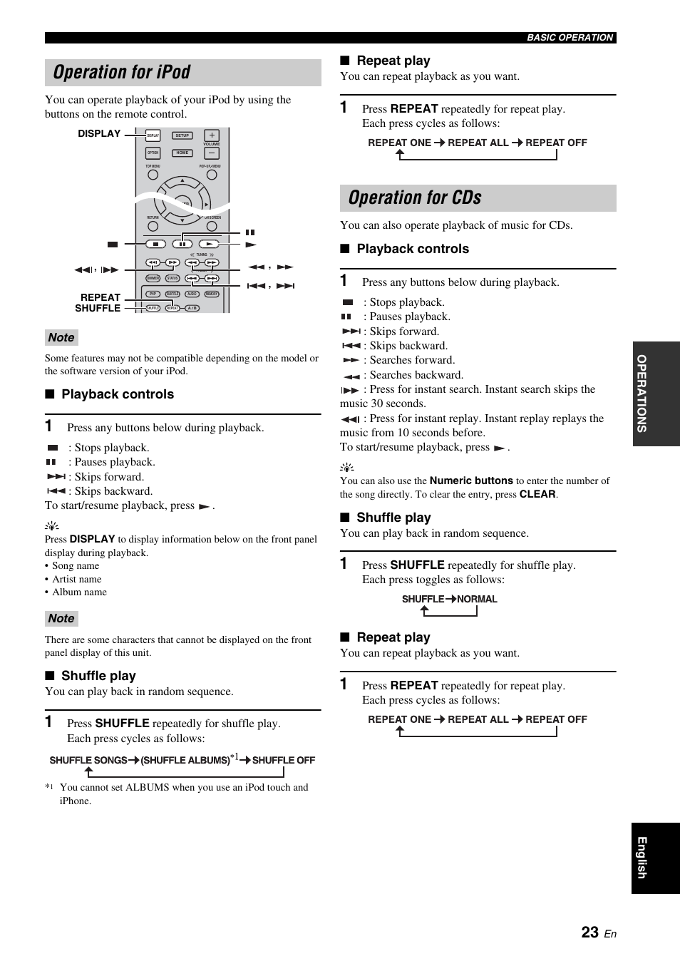 Operation for ipod, Operation for cds, Operation for ipod operation for cds | Splay (p. 23, You press the button (p. 2, Ode (p. 23, Playback controls, Shuffle play, Repeat play | Yamaha BRX-610 User Manual | Page 25 / 225