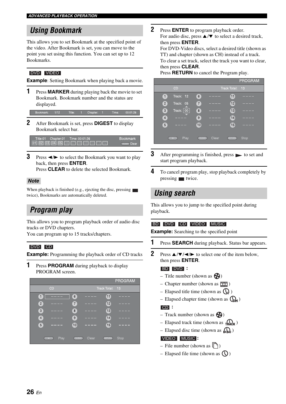 Using bookmark, Program play, Using search | Using bookmark program play using search, Ovie (p. 26), P. 26), To “using search” (p. 26) | Yamaha BRX-610 User Manual | Page 28 / 225