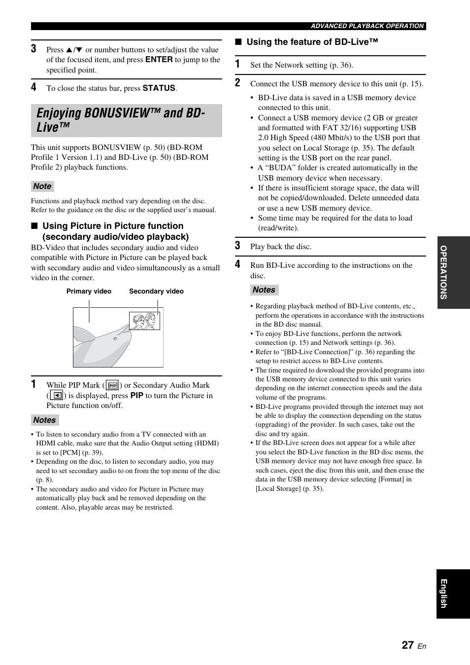 Enjoying bonusview™ and bd-live, P. 27, E (p. 27) | Ta (p. 27) or to, Enjoying bonusview™ and bd- live | Yamaha BRX-610 User Manual | Page 29 / 225