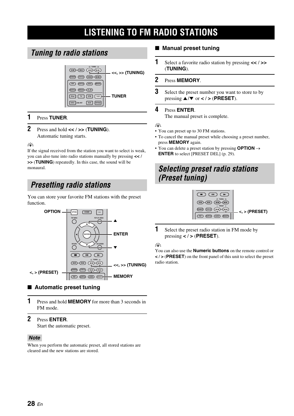 Listening to fm radio stations, Tuning to radio stations, Presetting radio stations | Selecting preset radio stations (preset tuning), P. 28, Start automatic tuning (p. 28), Station (p. 28), P. 28), Tuning to radio stations presetting radio stations, Automatic preset tuning | Yamaha BRX-610 User Manual | Page 30 / 225