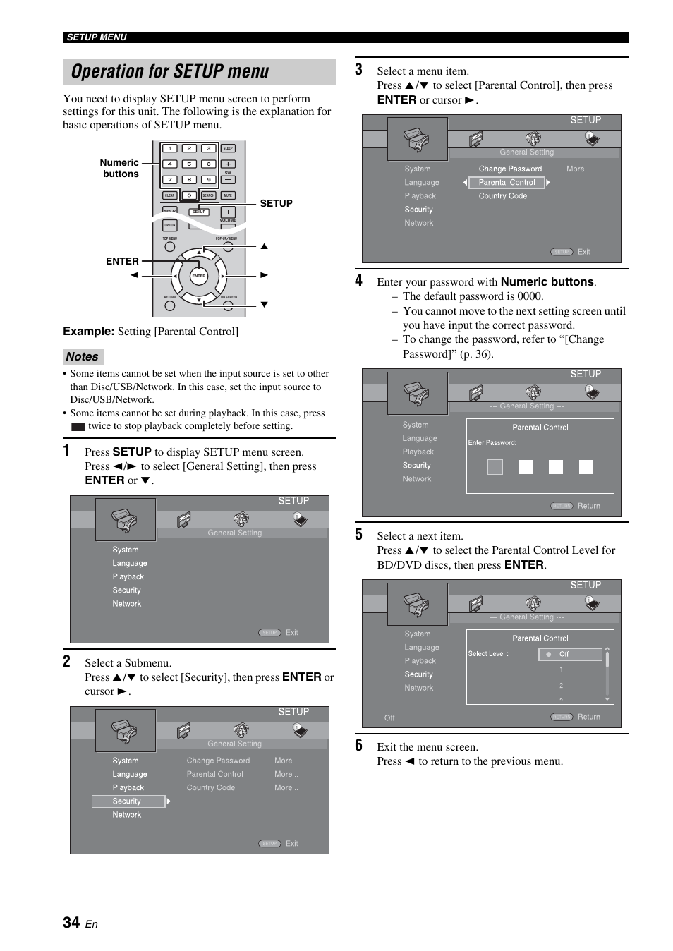 Operation for setup menu | Yamaha BRX-610 User Manual | Page 36 / 225