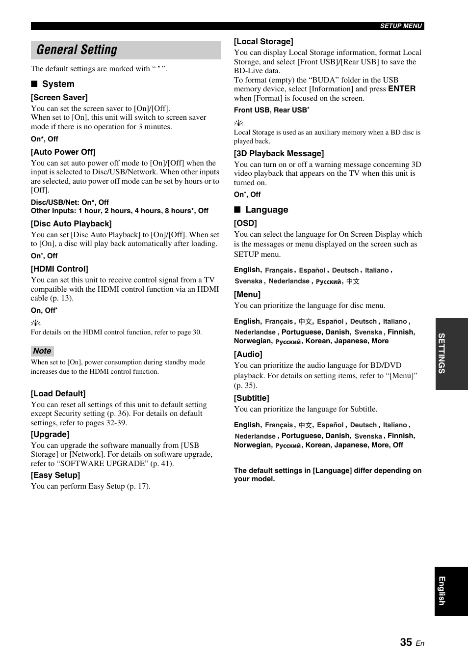 General setting, P. 35), Hdmi control]” (p. 35) | Channel (arc), P. 35, Ont usb] (p. 35), It (p. 35), P. 35). the, System, Language | Yamaha BRX-610 User Manual | Page 37 / 225