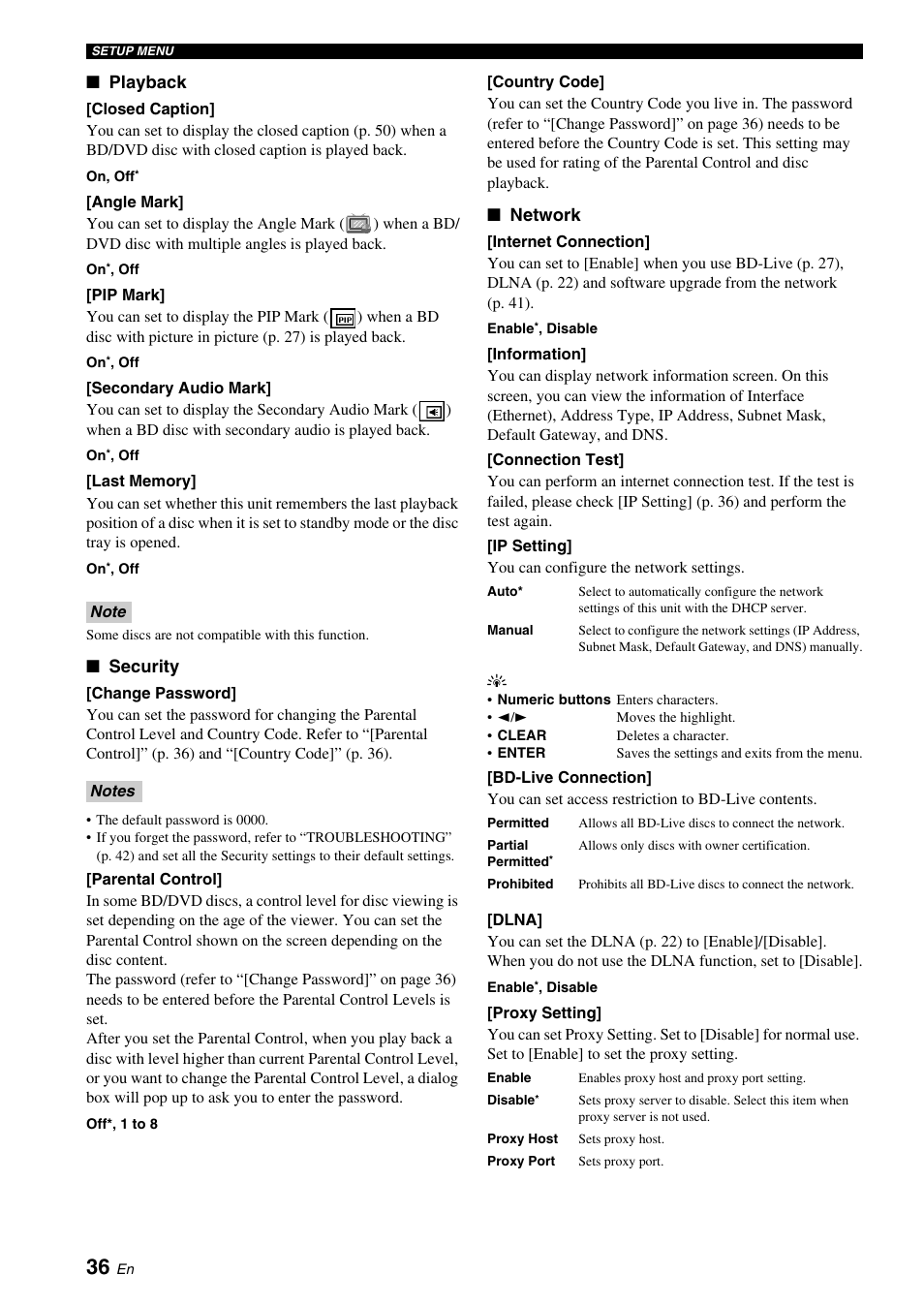 P. 36), Lly, refer to “network” (p. 36), The network setting (p. 36) | Er to “[bd-live connection]” (p. 36), G (p. 36). for, Playback, Security, Network | Yamaha BRX-610 User Manual | Page 38 / 225