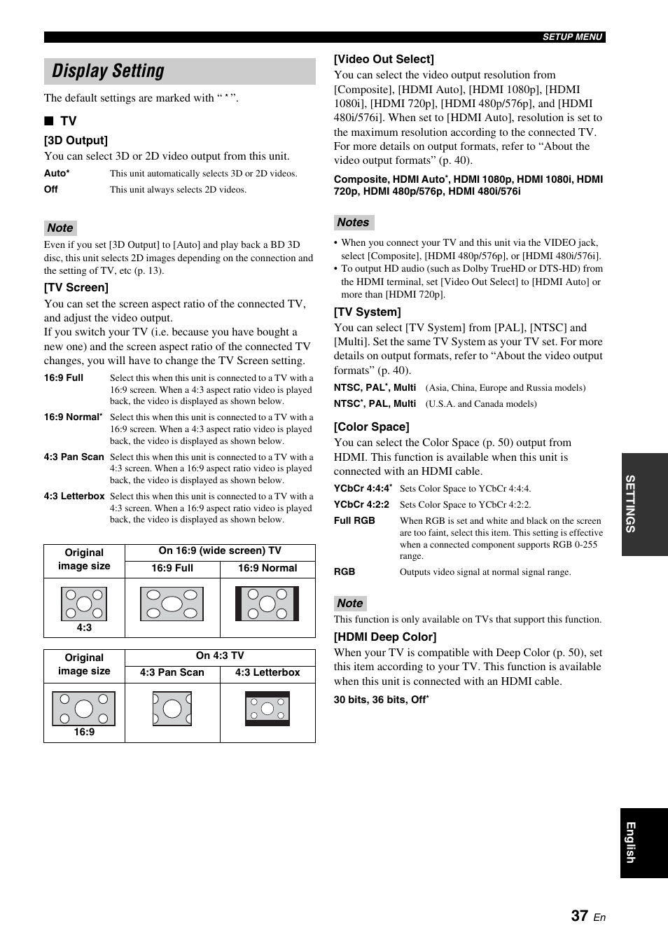 Display setting, Refer to “[video out select]” (p. 37), Tv screen]” (p. 37) | Yamaha BRX-610 User Manual | Page 39 / 225