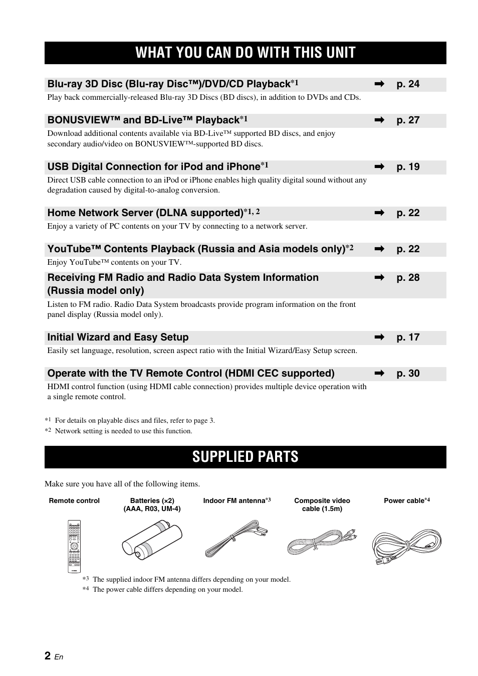 Introduction, What you can do with this unit, Supplied parts | What you can do with this unit supplied parts, Blu-ray 3d disc (blu-ray disc™)/dvd/cd playback, P. 24, Bonusview™ and bd-live™ playback, P. 27, Usb digital connection for ipod and iphone, P. 19 | Yamaha BRX-610 User Manual | Page 4 / 225