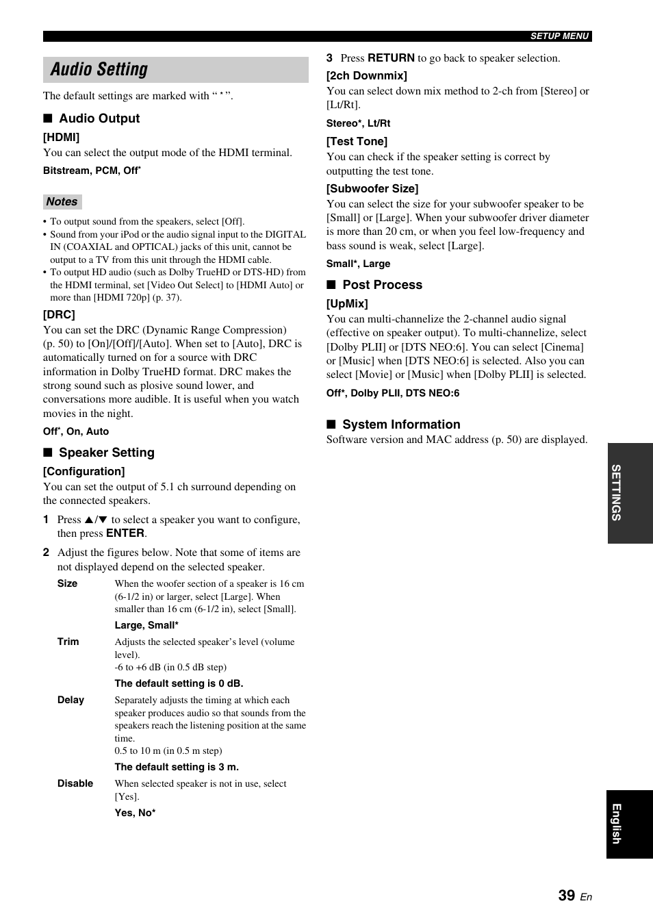 Audio setting, Hdmi, P. 39) | Yamaha BRX-610 User Manual | Page 41 / 225