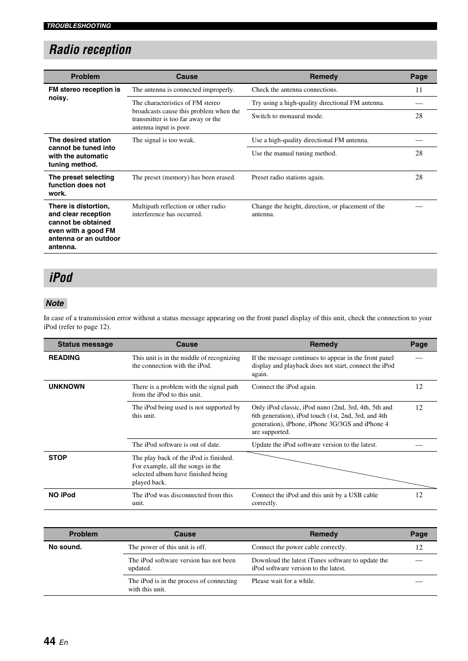 Radio reception, Ipod, Radio reception ipod | Yamaha BRX-610 User Manual | Page 46 / 225