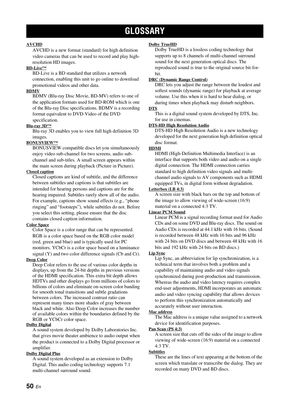 Glossary, Languages (p. 50) if, This unit supports bonusview (p. 50) (bd-rom | And bd-live (p. 50) (bd-rom, P. 50), N (p. 50) when a, E (p. 50) out, With deep color (p. 50), set | Yamaha BRX-610 User Manual | Page 52 / 225