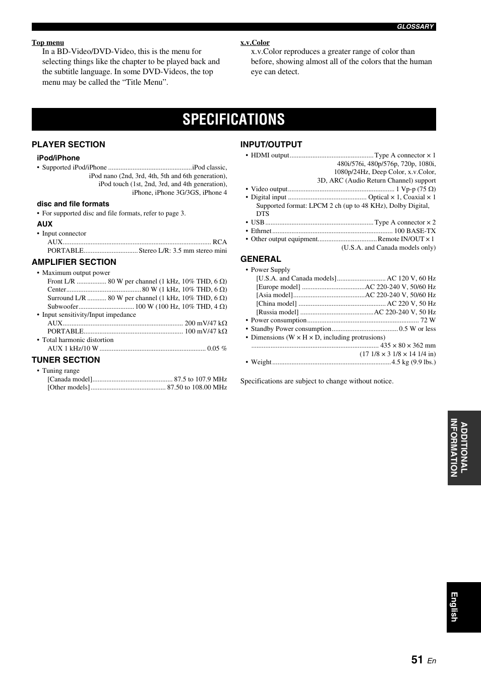 Specifications | Yamaha BRX-610 User Manual | Page 53 / 225