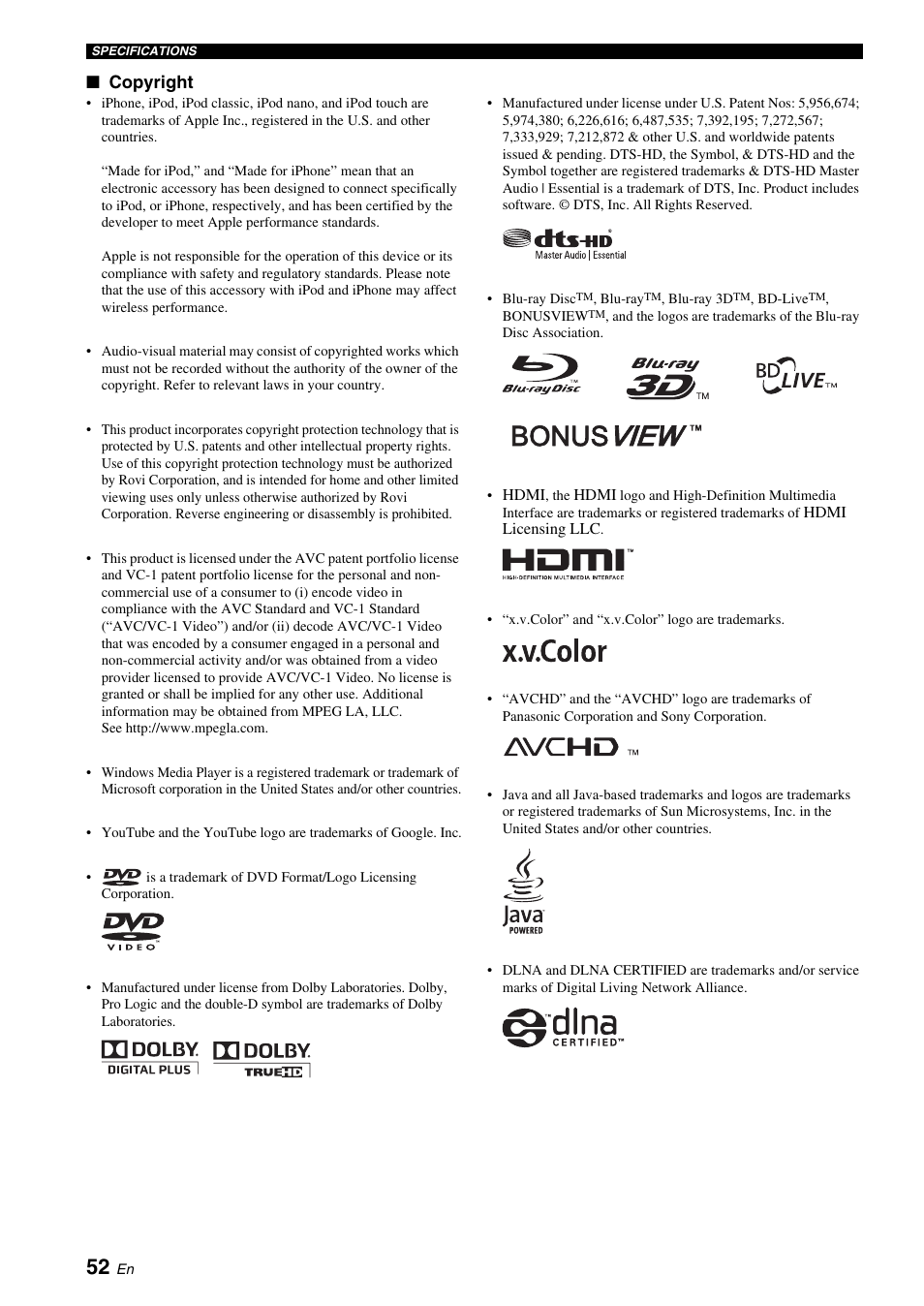 Logo (p. 52), Copyright | Yamaha BRX-610 User Manual | Page 54 / 225