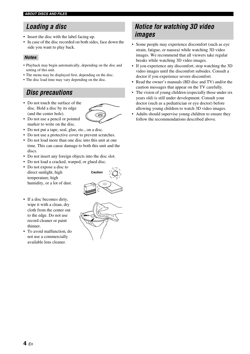 Loading a disc, Disc precautions, Notice for watching 3d video images | Yamaha BRX-610 User Manual | Page 6 / 225