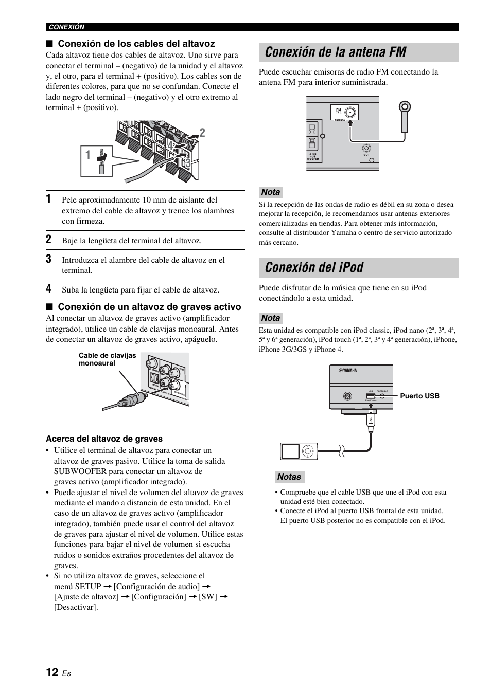 Conexión de la antena fm, Conexión del ipod, Conexión de la antena fm conexión del ipod | Usb (pág. 12, Pág. 12), Toma antenna (pág. 12, Pág. 12, 1 | Yamaha BRX-610 User Manual | Page 67 / 225