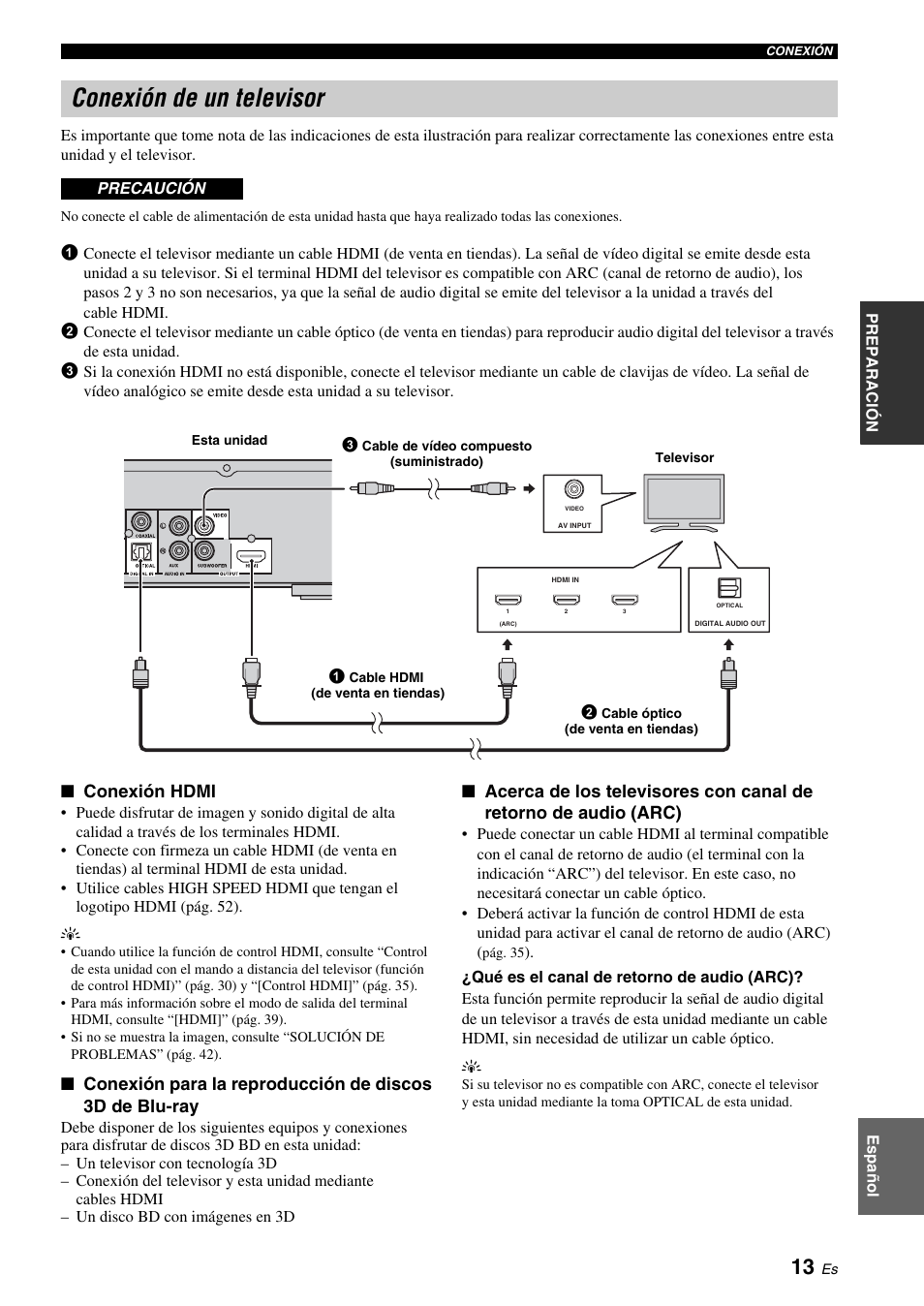 Conexión de un televisor, Pág. 13, Conexión hdmi | Yamaha BRX-610 User Manual | Page 68 / 225