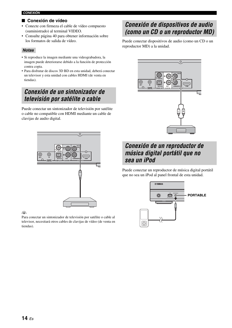 Conexión de un sintonizador de televisión, Por satélite o cable, Conexión de dispositivos de audio | Como un cd o un reproductor md), Conexión de un reproductor de música digital, Portátil que no sea un ipod, Portable (pág. 14), Aux) (pág. 14) | Yamaha BRX-610 User Manual | Page 69 / 225