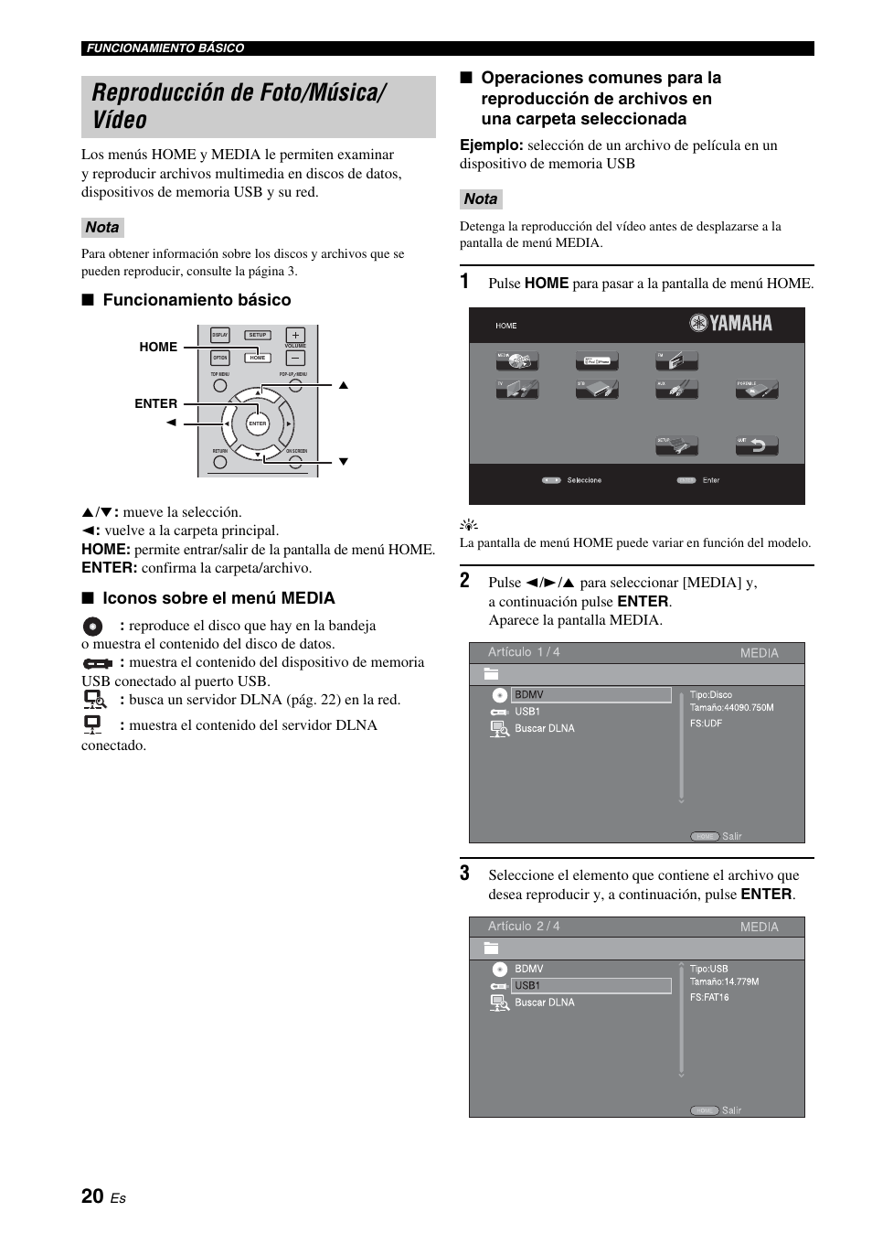 Reproducción de foto/música/vídeo, Pág. 20), Pág. 20 | Reproducción de foto/música/ vídeo, Funcionamiento básico, Iconos sobre el menú media | Yamaha BRX-610 User Manual | Page 75 / 225