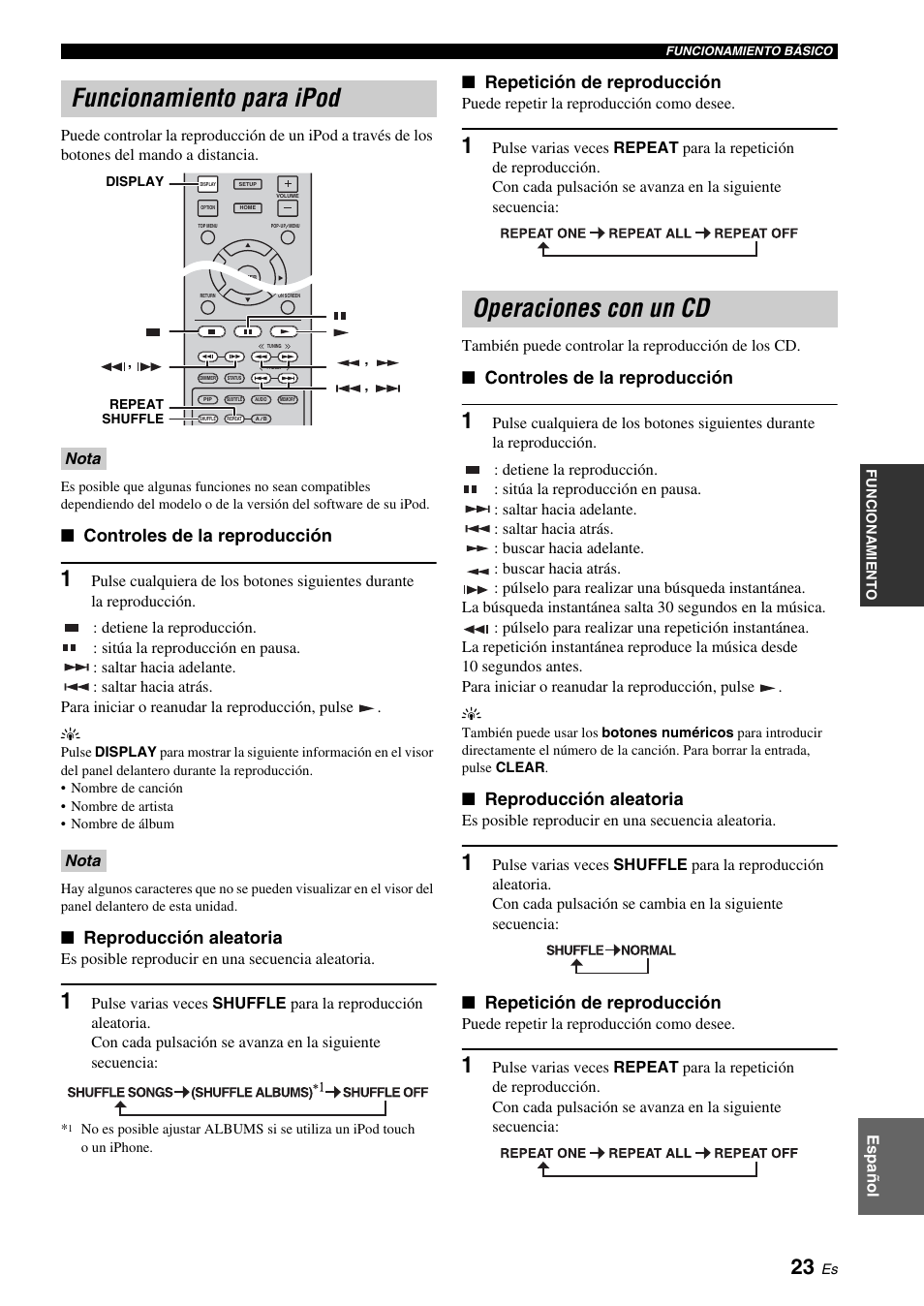 Funcionamiento para ipod, Operaciones con un cd, Funcionamiento para ipod operaciones con un cd | O (pág. 23, N (pág. 23, Pág. 23, Controles de la reproducción, Reproducción aleatoria, Repetición de reproducción | Yamaha BRX-610 User Manual | Page 78 / 225