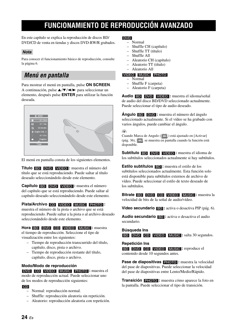 Funcionamiento de reproducción avanzado, Menú en pantalla, Funcionamiento de reproducción | Avanzado, Pág. 24, Pág. 24) | Yamaha BRX-610 User Manual | Page 79 / 225