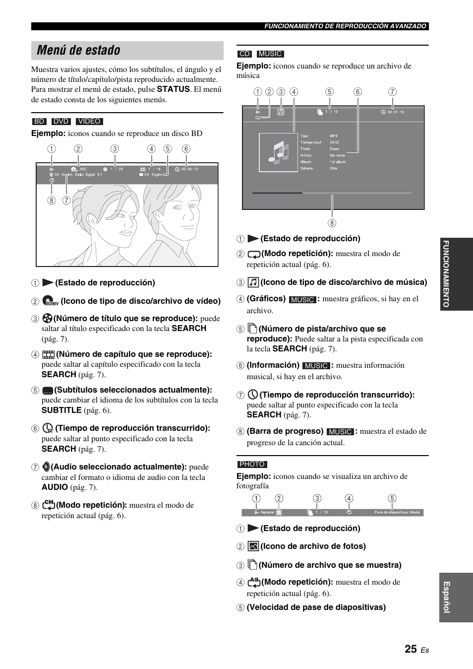 Menú de estado, Pág. 25) | Yamaha BRX-610 User Manual | Page 80 / 225