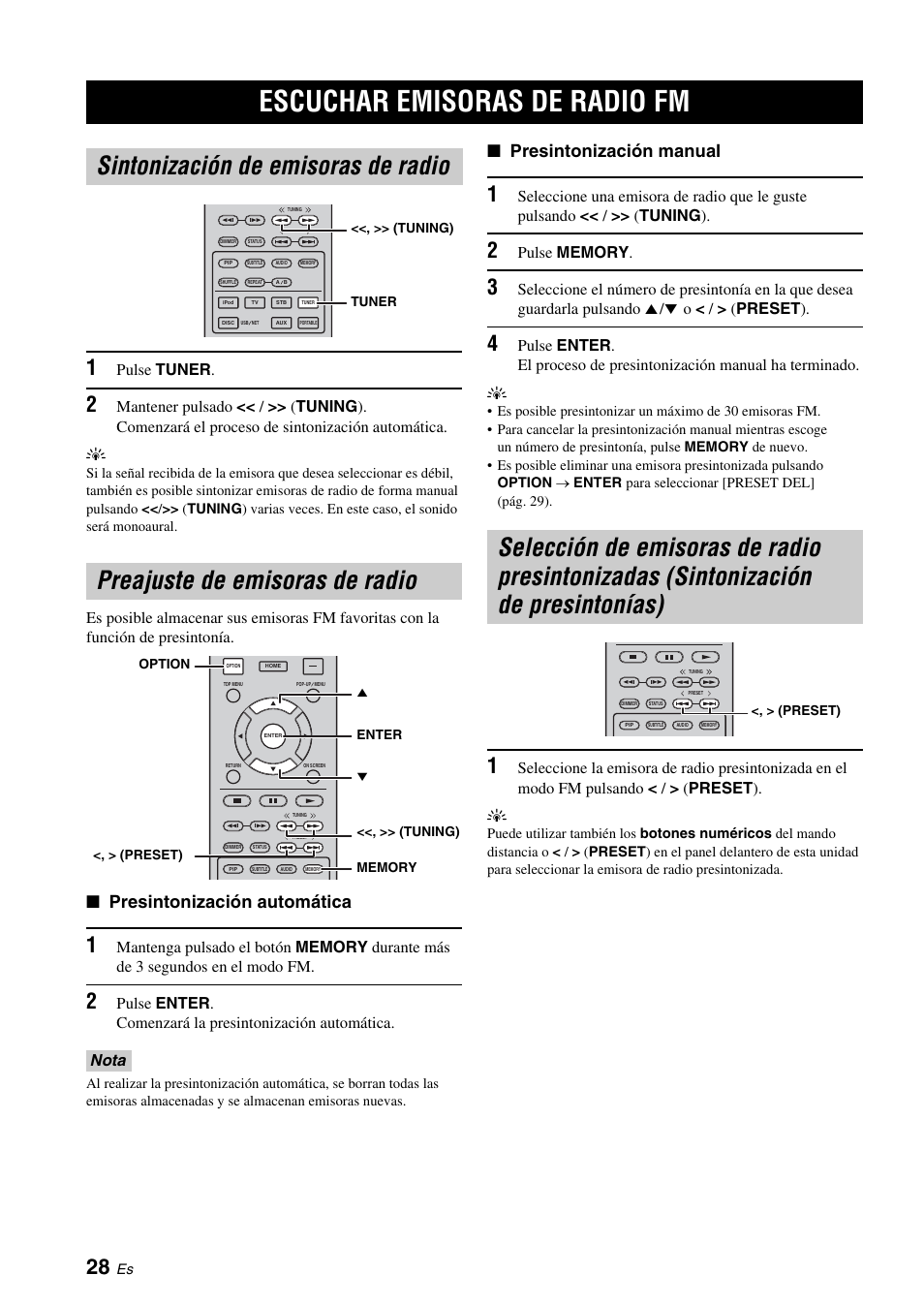 Escuchar emisoras de radio fm, Sintonización de emisoras de radio, Preajuste de emisoras de radio | Sintonización de presintonías), Pág. 28, Pág. 28), Presintonización automática, Presintonización manual, Pulse tuner, Nota | Yamaha BRX-610 User Manual | Page 83 / 225