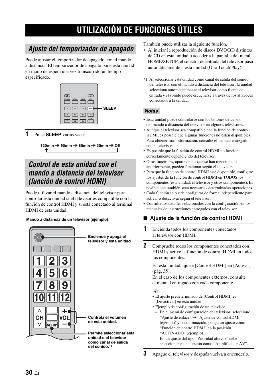 Utilización de funciones útiles, Ajuste del temporizador de apagado, Del televisor (función de control hdmi) | Pág. 30, Pág. 30), Control | Yamaha BRX-610 User Manual | Page 85 / 225