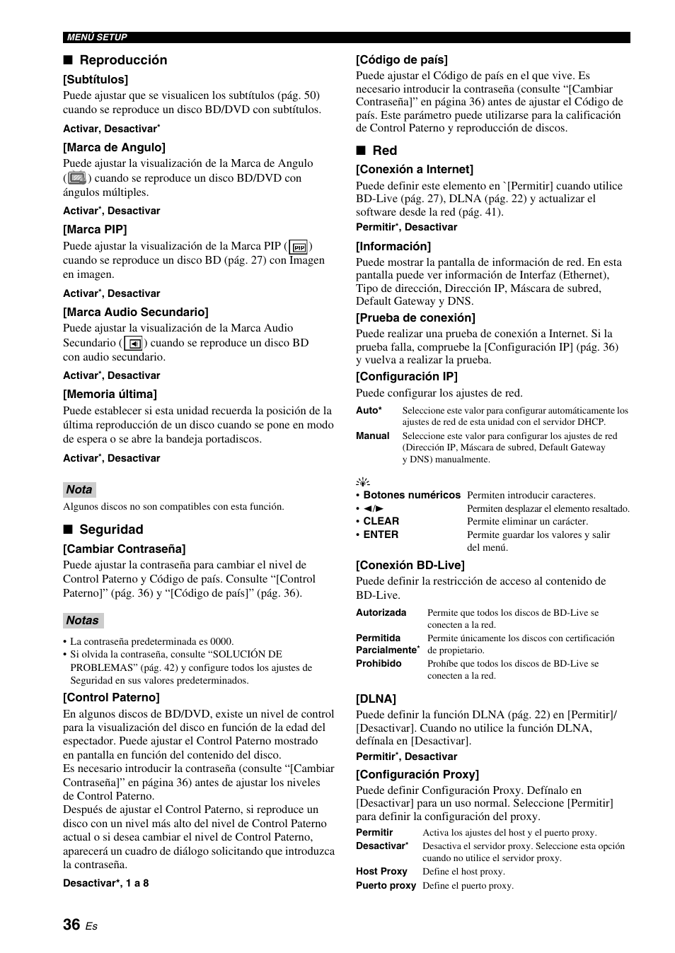 Pág. 36), Consulte “red” (pág. 36), Red (pág. 36) | Sulte “[conexión bd-live]” (pág. 36) en rela, Seguridad (pág. 36), Reproducción, Seguridad | Yamaha BRX-610 User Manual | Page 91 / 225