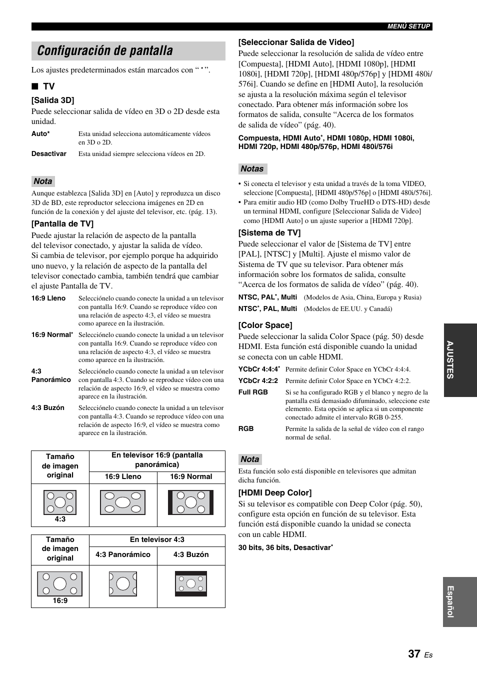 Configuración de pantalla, Seleccionar salida de video]” (pág. 37), Opciones, consulte “[pantalla de tv]” (pág. 37) | Yamaha BRX-610 User Manual | Page 92 / 225