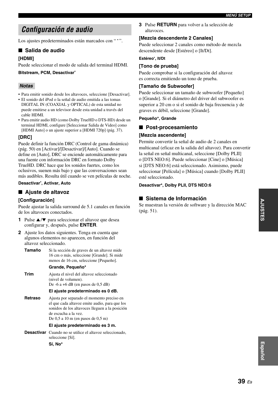 Configuración de audio, Ulte “[hdmi]” (pág. 39), Pág. 39) | Yamaha BRX-610 User Manual | Page 94 / 225