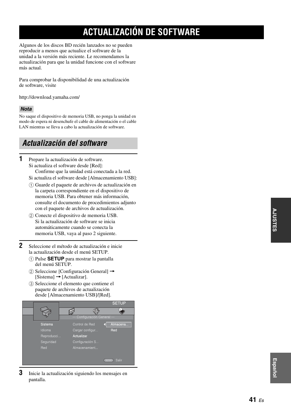 Actualización de software, Actualización del software, Unidad (pág. 41) | Actualización de software” (pág. 41), Pág. 41) | Yamaha BRX-610 User Manual | Page 96 / 225