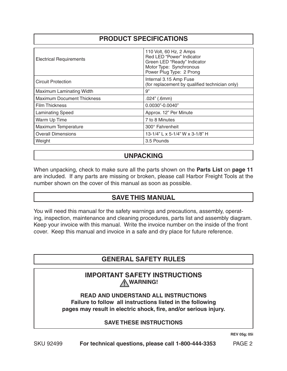 Product specifications, Unpacking, Save this manual | General safety rules important safety instructions | Harbor Freight Tools 92499 User Manual | Page 2 / 11