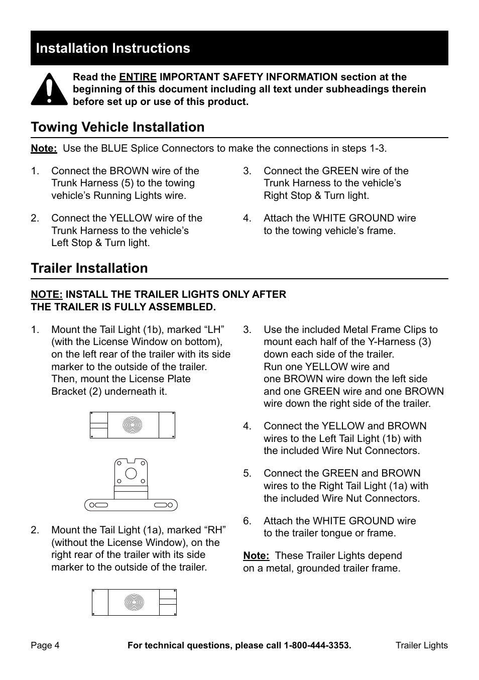 Installation instructions, Towing vehicle installation, Trailer installation | Harbor Freight Tools 94137 User Manual | Page 4 / 8