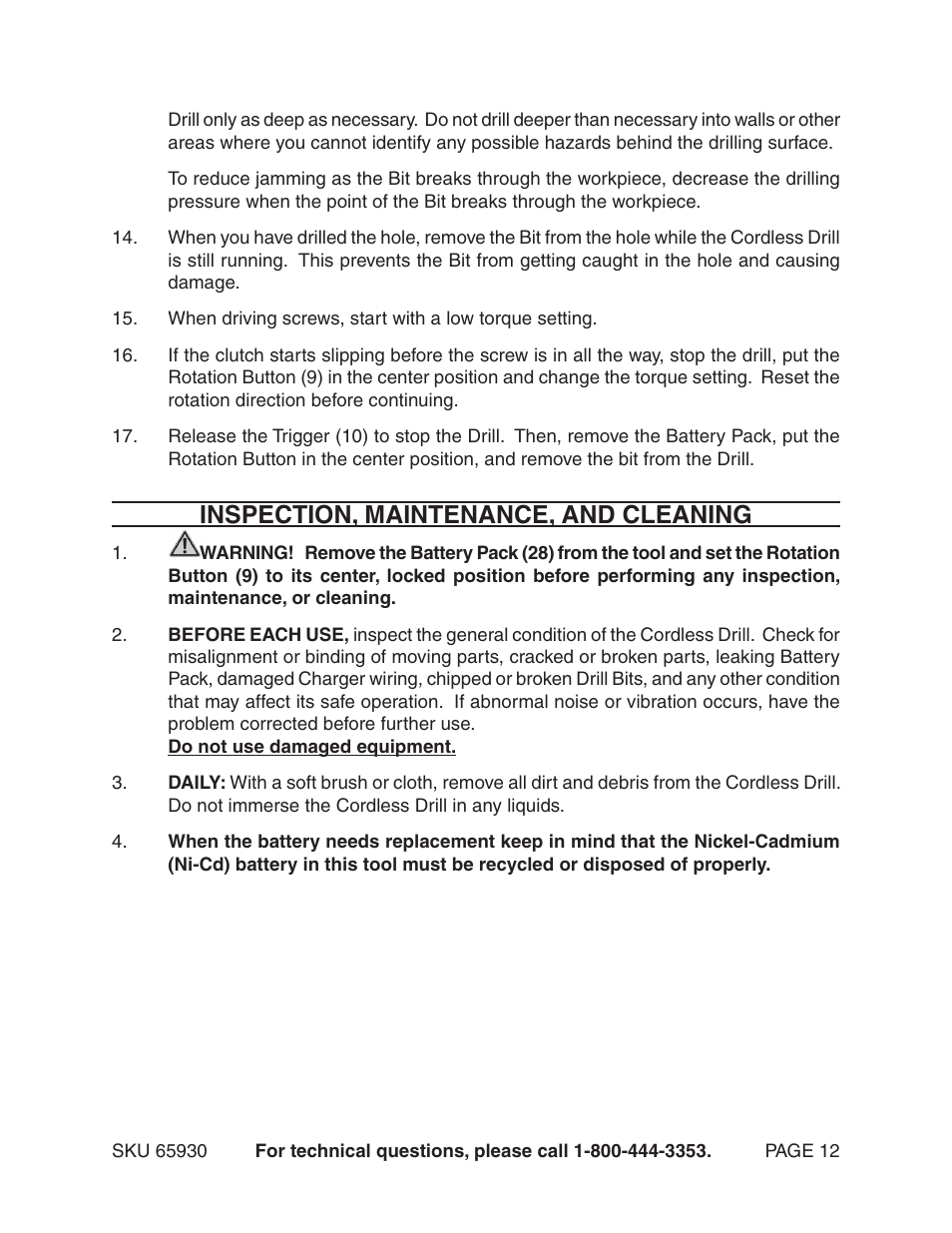 Inspection, maintenance, and cleaning | Harbor Freight Tools 65930 User Manual | Page 12 / 14