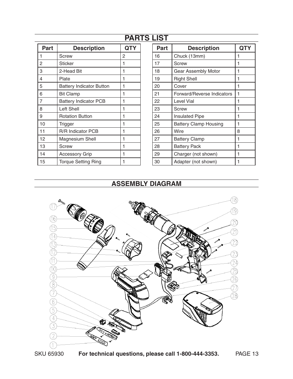 Parts list, Assembly diagram | Harbor Freight Tools 65930 User Manual | Page 13 / 14