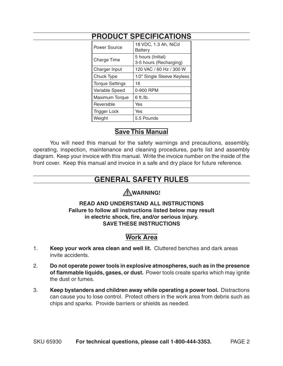 Product specifications, General safety rules, Save this manual | Work area | Harbor Freight Tools 65930 User Manual | Page 2 / 14