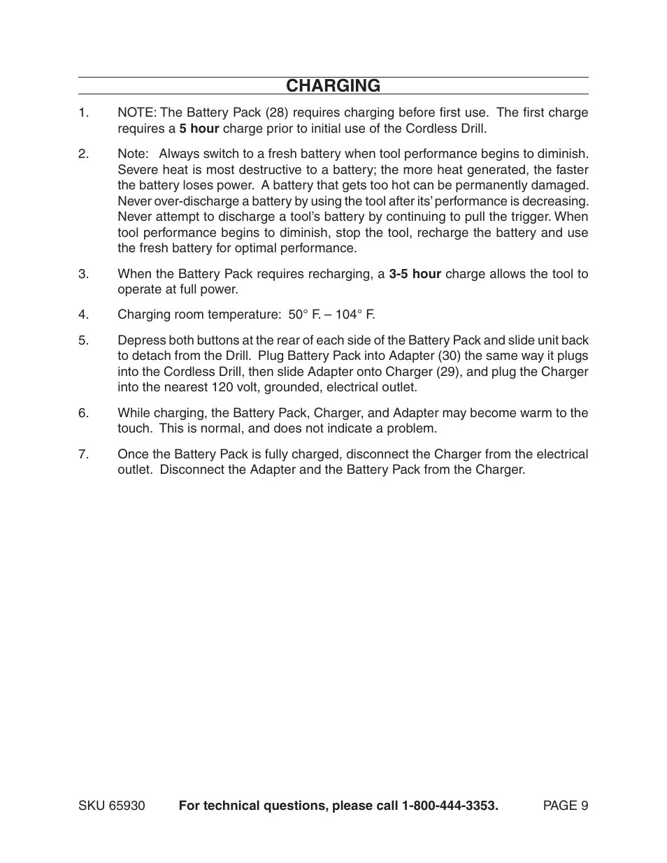 Charging | Harbor Freight Tools 65930 User Manual | Page 9 / 14