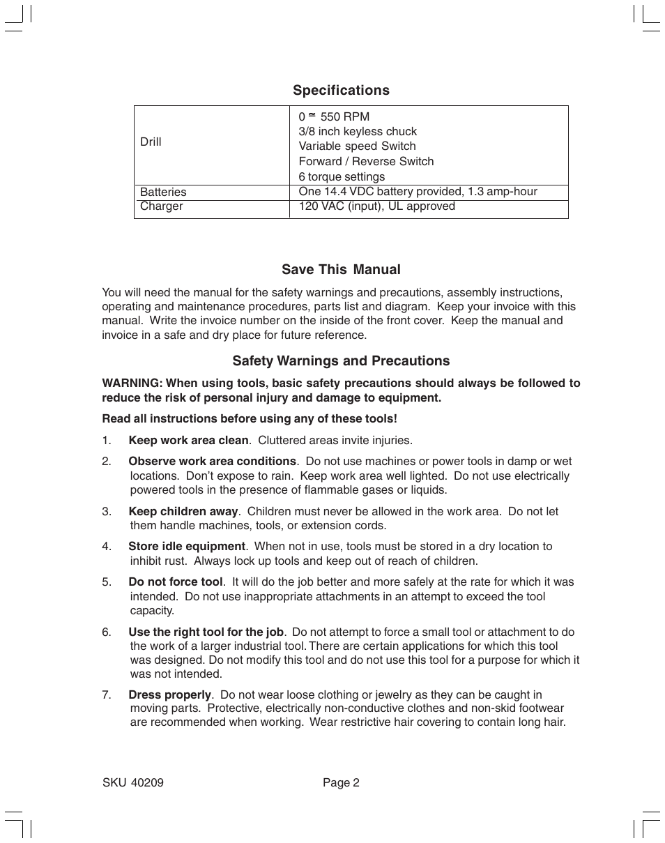 Harbor Freight Tools 40209 User Manual | Page 2 / 7