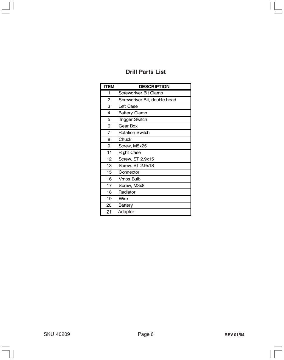 Drill parts list | Harbor Freight Tools 40209 User Manual | Page 6 / 7